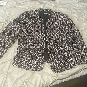 Kasper Jacket Black Blush Pink & Black Blazer Open Front Floral Geometric Sz 10p